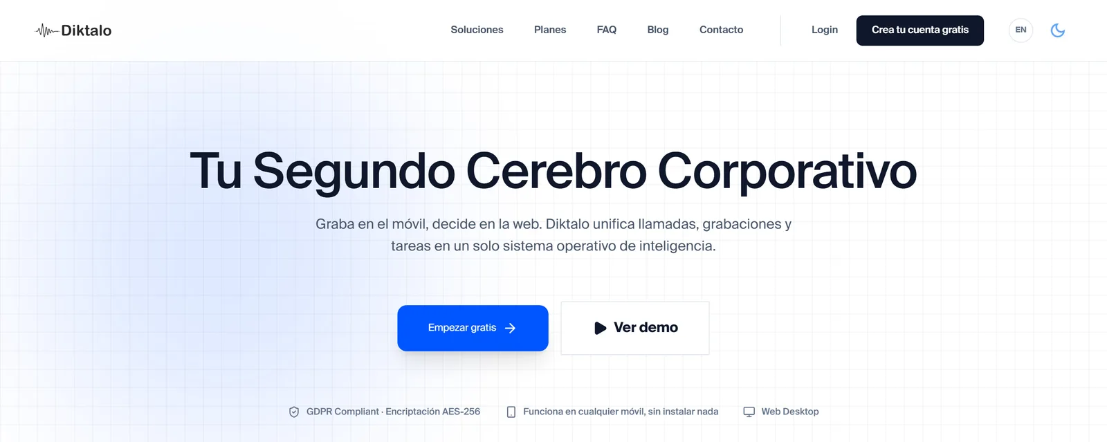 Portada de Diktalo con la propuesta de producto y los accesos para empezar o ver la demostración.