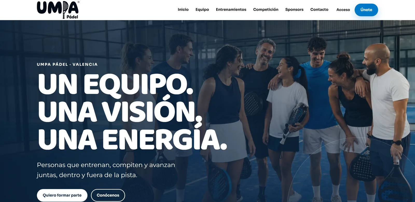Portada de la web pública de UMPA Pádel, con el titular de marca y el acceso para unirse al club.