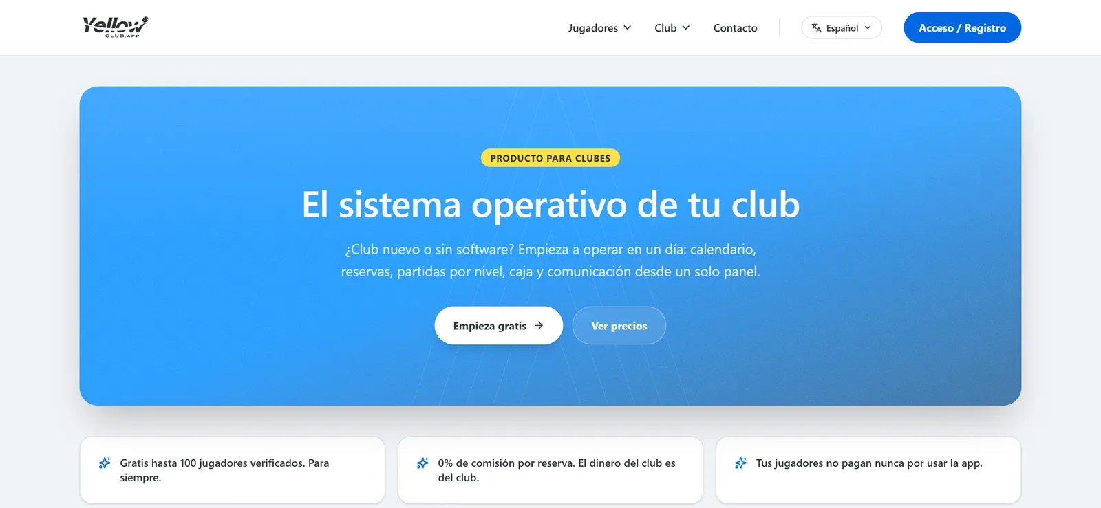 Página de producto de Club OS, el panel con el que un club opera calendario, reservas y caja.