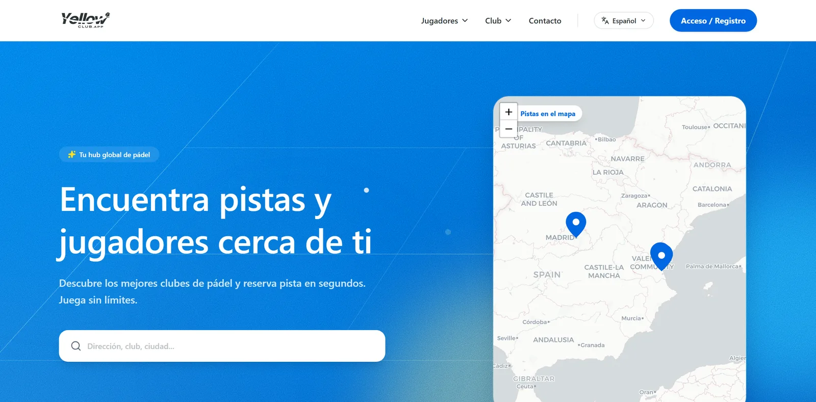 Portada de YellowClub con el buscador de pistas y el mapa de clubes disponibles.
